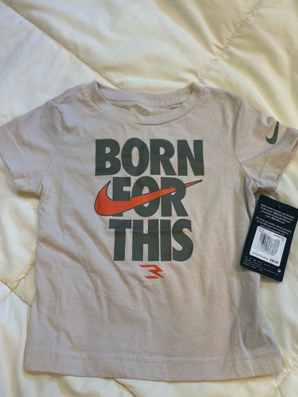 Nike Beige Kids Short-Sleeve 'Born For This' Graphic Tee with Orange Swoosh